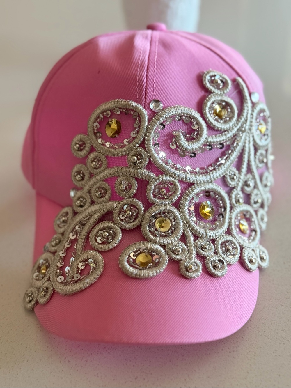 NWT Embellished Pink Baseball Cap with Gold Accents